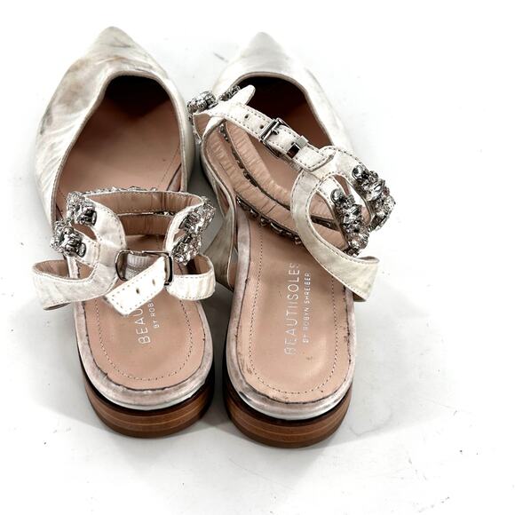 BEAUTIISOLES Cathy Flats 11 White Satin Jewel Ankle Strap Bridal Wedding - Picture 4 of 9